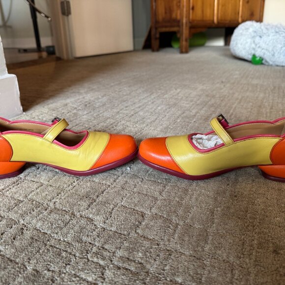John Fluevog Sandra Rounded-Toe Mary Jane Shoes - Vermillion/Yellow/Lamp - Picture 3 of 5
